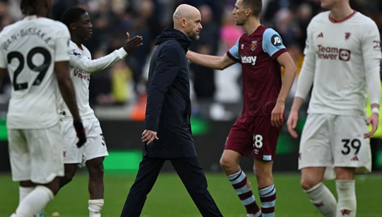 Manchester United´s Dutch manager Erik ten Hag walks off across the pitch after the English Premier League football match between West Ham United and Manchester United at the London Stadium, in London on December 23, 2023