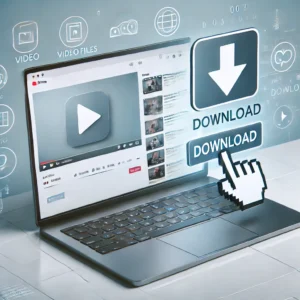 Illustration of a laptop screen showing a video with a download button being clicked, representing the process of downloading videos from a website