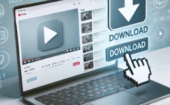 Illustration of a laptop screen showing a video with a download button being clicked, representing the process of downloading videos from a website