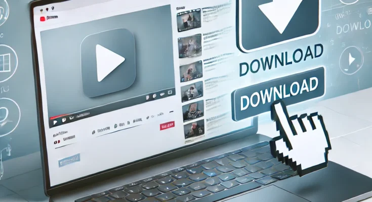 Illustration of a laptop screen showing a video with a download button being clicked, representing the process of downloading videos from a website